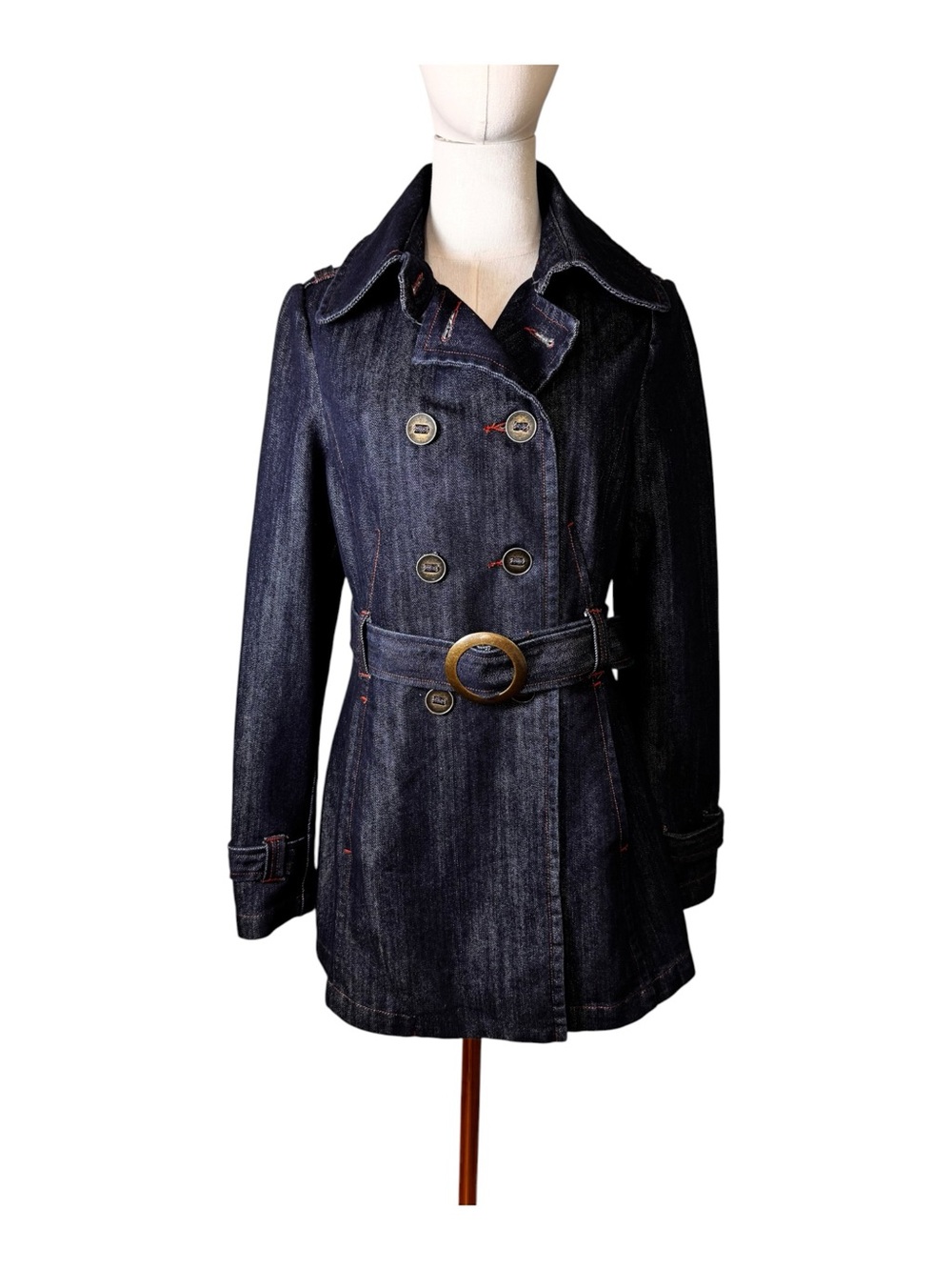 Ambition Dark Wash Double Breasted Denim Trench Jacket Coat Belted Size Small
